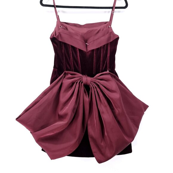 Azazie Atelier Mini Holiday Dress Womens 6 Wine Red Big Bow Back Velvet Cocktail - Picture 8 of 15
